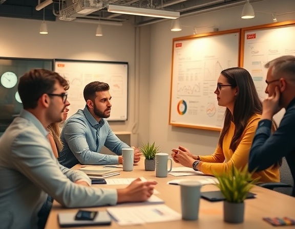 strategic marketing concept, focused, brainstorming, photorealistic, in a creative workspace with collaborative desks and whiteboards, highly detailed, diverse team members in discussion, high-definition, warm tones, ambient light, shot with a 24mm wide-angle lens.