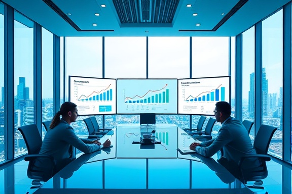 comprehensive marketing strategy, determined, planning, photorealistic, at a sleek boardroom with large windows and a city view, highly detailed, charts and graphs projected on screens, ultra-high-definition, cool blue hues, natural daylight, shot with a 35mm prime lens.