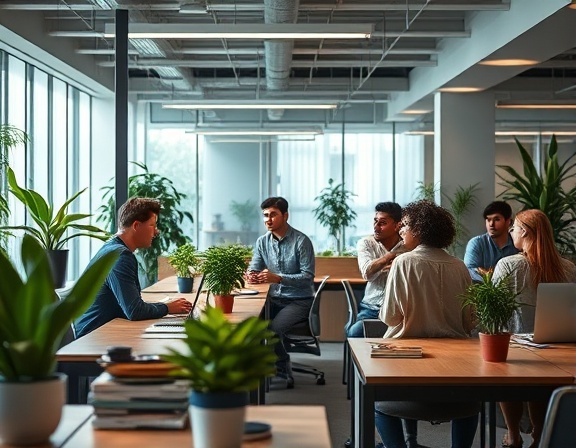 inquiries office, attentive expressions, discussing, photorealistic, open-plan office with large wooden desks and vibrant indoor plants, highly detailed, colleagues collaborating, energetic mood with cool tones, fluorescent lighting, shot with a 28mm lens.