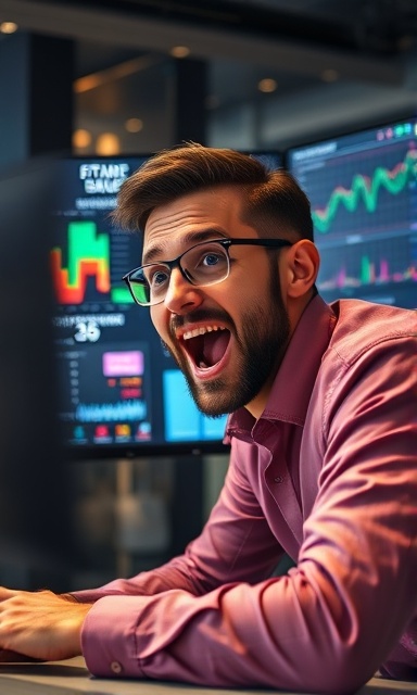 cutting-edge marketing tools, excited expression, analyzing performance, photorealistic, high-tech workspace with multiple monitors, highly detailed, interactive dashboards, ultra-sharp focus, cool metallic colors, ambient indoor light, shot with a 24mm lens