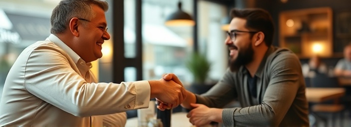 seamless lead convert, pleased expression, finalizing transaction, photorealistic, cozy café with client negotiations, highly detailed, gentle handshake focus, ISO 250, earth tones, soft table lamp lighting, shot with a 60mm lens.