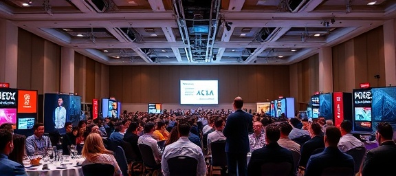 comprehensive marketing introduction, welcoming expression, introducing a new product line, photorealistic, vibrant conference hall with banners and stands, highly detailed, audience engaging with product displays, ISO 400, f/4.5, 1/100s, bright colors, spotlight on speaker, shot with a 70-200mm telephoto lens.