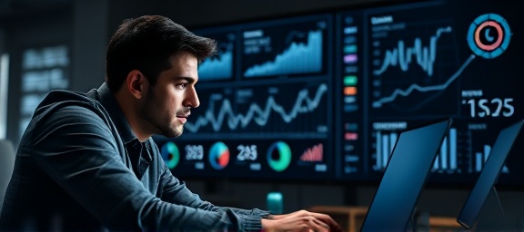 accurate marketing metrics, analytical expression, computing results, photorealistic, professional work environment with analytical charts, highly detailed, real-time data updates, high-res quality, monochromatic scheme, soft LED lighting, shot with a 50mm prime lens