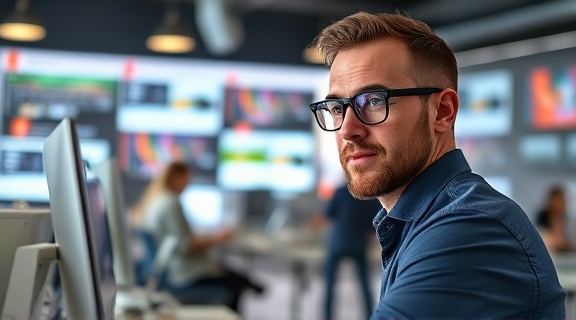 efficient marketing tools, engaged expression, optimizing strategies, photorealistic, contemporary tech hub with digital devices, highly detailed, interactive interface, exceptional resolution, bold corporate colors, focused spotlight, shot with a 28mm lens