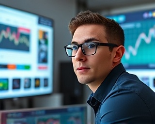targeted lead ads, attentive expression, monitoring campaigns, photorealistic, digital marketing office with large screens, highly detailed, ad analytics overlay, f/1.4 aperture, pastel palette, indirect lighting, shot with a 100mm lens.