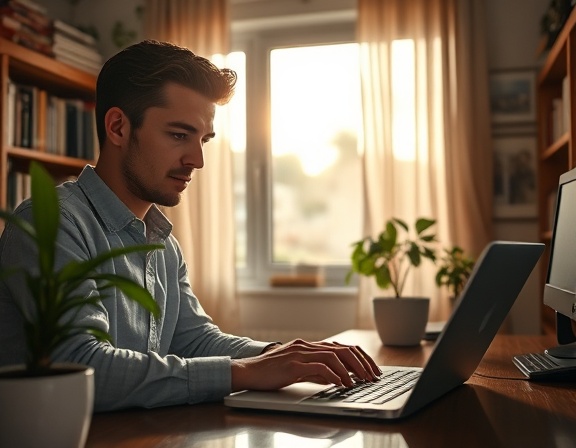 inquiries email, focused expressions, typing, photorealistic, a cozy home office with bookshelves and a potted plant, highly detailed, morning atmosphere with soft sunrays filtering through the window, warm tones, subtle ambient lighting, shot with a 35mm lens.