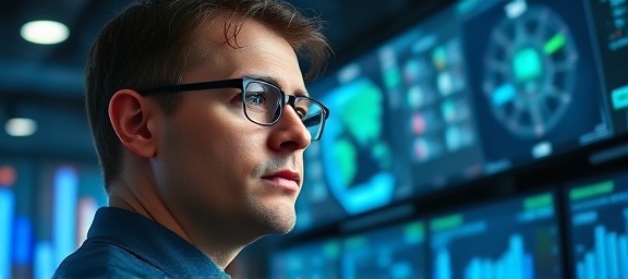 innovative lead funnel, focused expression, analyzing data, photorealistic, tech conference setting with digital screens, highly detailed, data streams flowing through space, f/1.8 aperture, cool tones, diffused overhead lighting, shot with a 35mm lens.