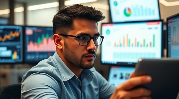 interactive marketing response, determined expression, analyzing data in real-time, photorealistic, modern office environment with multiple screens, highly detailed, charts and graphs updating dynamically, ISO 200, f/5.6, 1/125s, neutral tones, artificial soft lighting, shot with a wide-angle 24mm lens.
