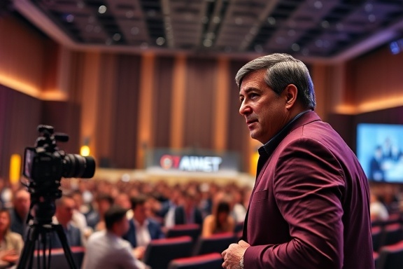 comprehensive marketing introduction, charismatic expression, leading a product launch event, photorealistic, sleek auditorium setting decorated for a launch, highly detailed, media capturing the event, ISO 200, f/4, 1/80s, vivid hues, focus highlight on stage, shot with a 35mm wide aperture lens.