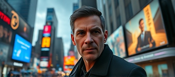 strategic lead ads, determined expression, targeting audience, photorealistic, urban backdrop with billboards displaying ads, highly detailed, flow of data lines sweeping through the scene, f/16 aperture, saturated colors, dramatic skyline lighting, shot with a 24mm lens.