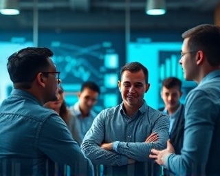 dynamic lead gen, inspired expression, collaborating with team, photorealistic, open-space tech startup environment, highly detailed, holographic displays of analytics, ISO 800, blue-green tones, soft diffused lighting, shot with a 28mm lens.